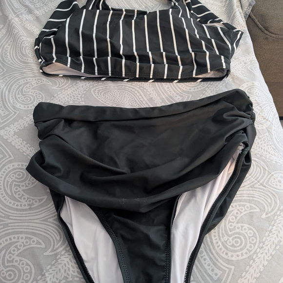 adidas Black and White Striped Swim Set - Picture 1 of 4